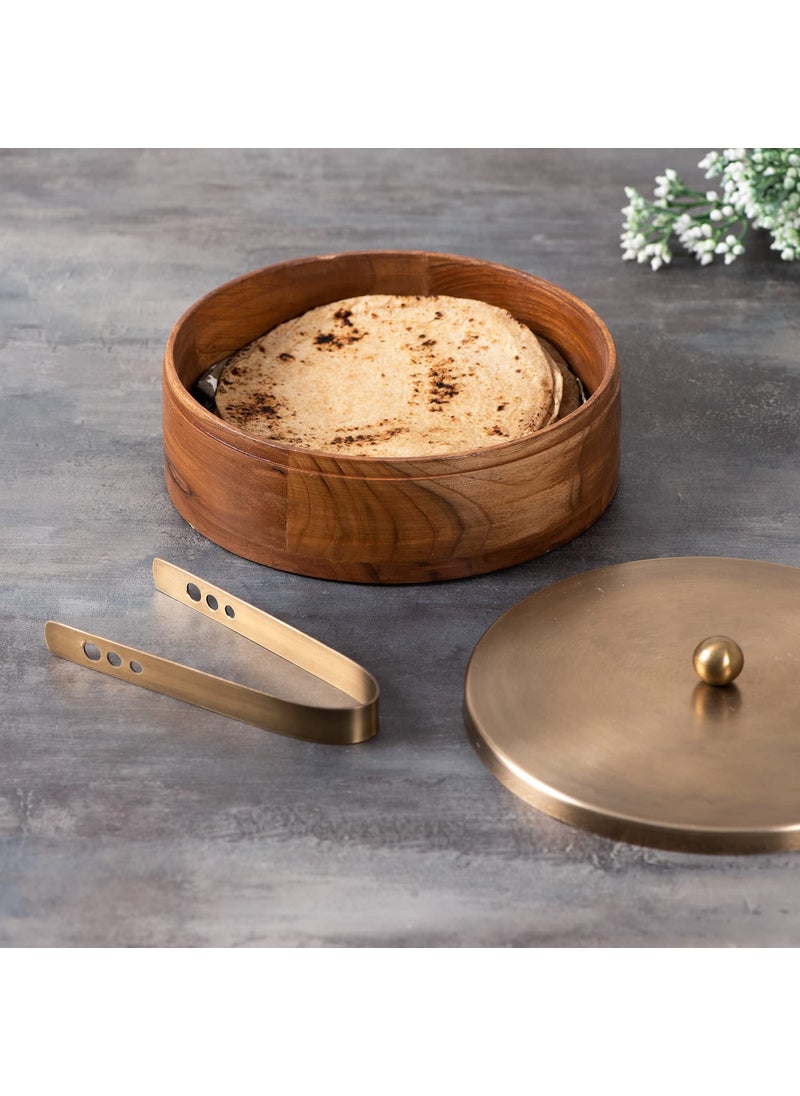 nestroots Masala Box Chapati Box & Basket for kitchen storage| Wooden spice jar with casserole roti box and fruit basket combo (Gold)