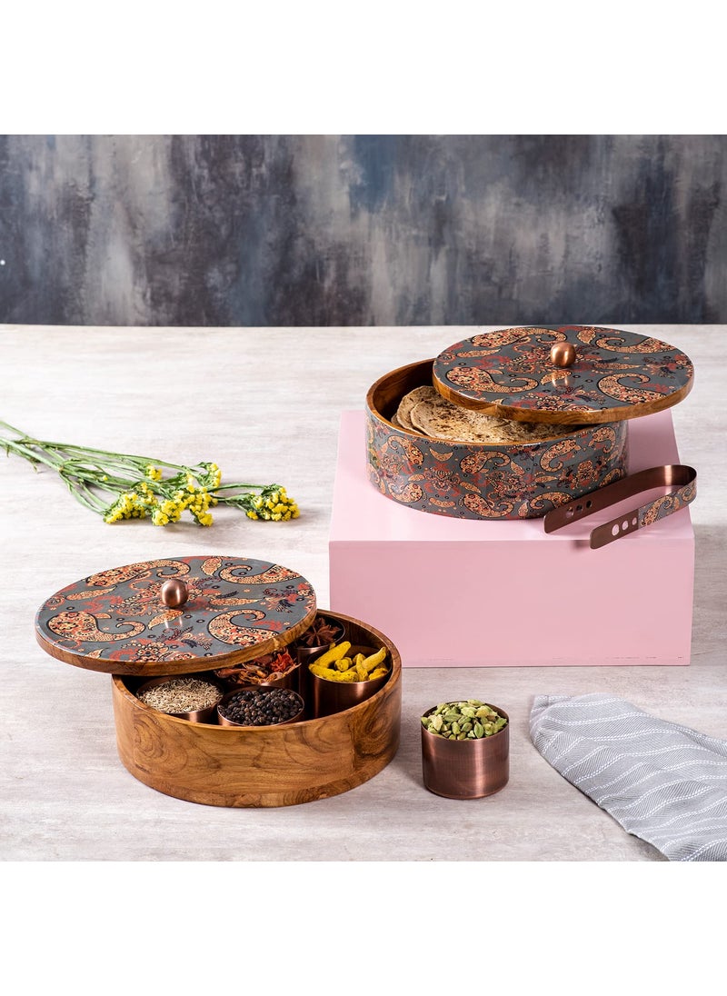 nestroots masala box & Chapati box for kitchen spice box | Anjarai petti for kitchen wooden masala box & casserole box for chapati combo (9 inch Dia, Grey)
