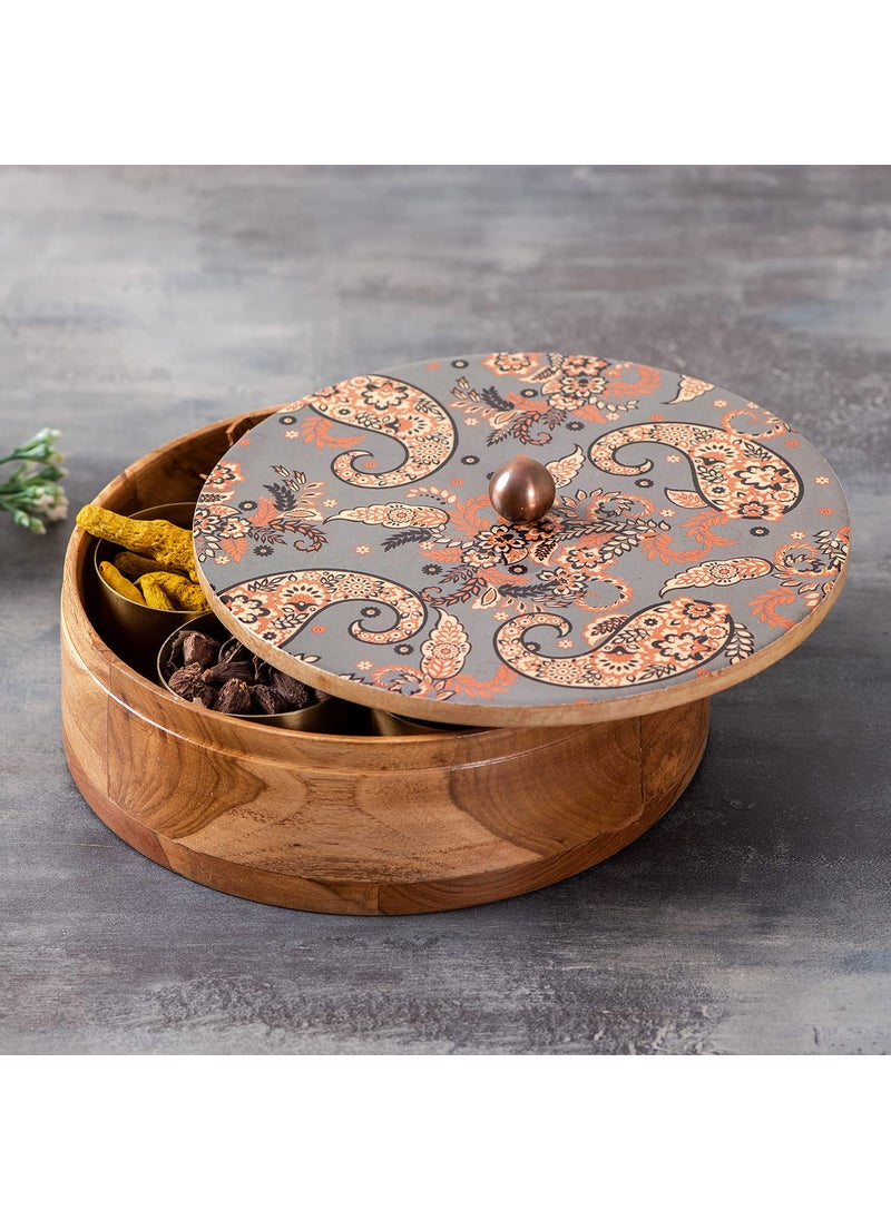 nestroots masala box & Chapati box for kitchen spice box | Anjarai petti for kitchen wooden masala box & casserole box for chapati combo (9 inch Dia, Grey)