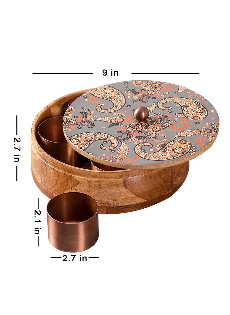 nestroots masala box & Chapati box for kitchen spice box | Anjarai petti for kitchen wooden masala box & casserole box for chapati combo (9 inch Dia, Grey)