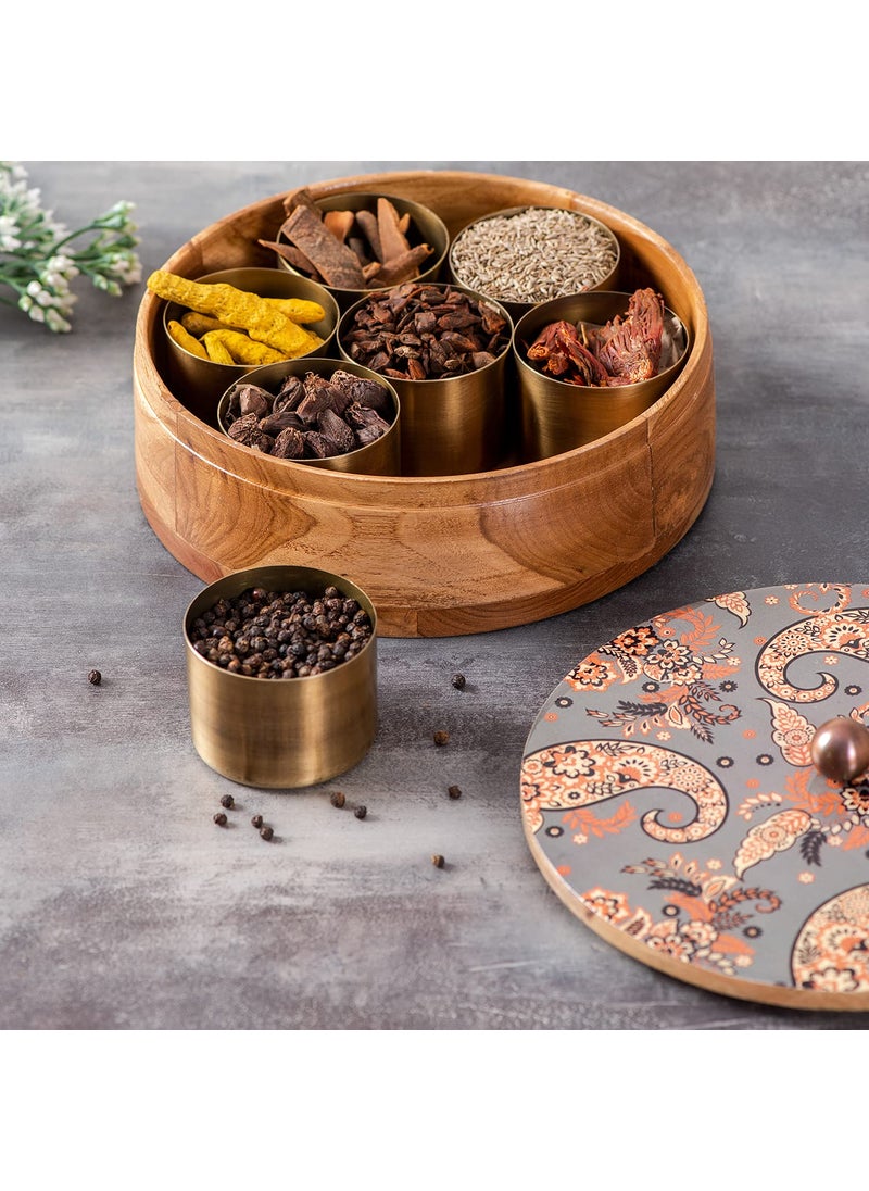 nestroots masala box & Chapati box for kitchen spice box | Anjarai petti for kitchen wooden masala box & casserole box for chapati combo (9 inch Dia, Grey)