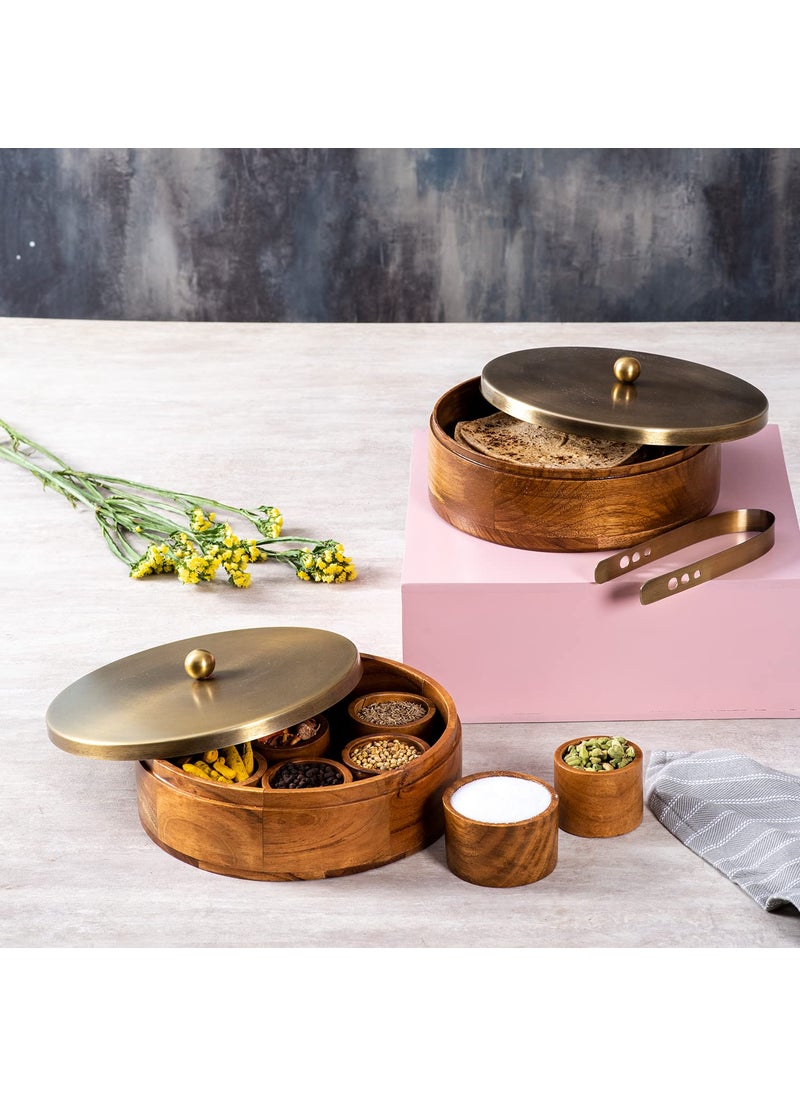 nestroots masala box & Chapati box for kitchen spice box | Anjarai petti for kitchen wooden masala box & casserole box for chapati combo (9 inch Dia, Gold)