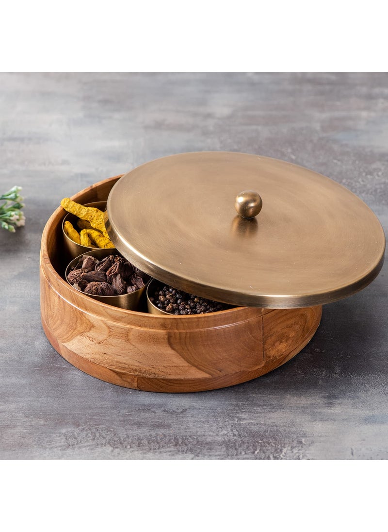 nestroots masala box & Chapati box for kitchen spice box | Anjarai petti for kitchen wooden masala box & casserole box for chapati combo (9 inch Dia, Gold)