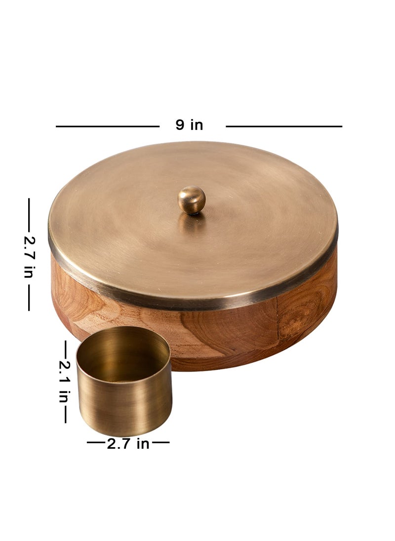 nestroots masala box & Chapati box for kitchen spice box | Anjarai petti for kitchen wooden masala box & casserole box for chapati combo (9 inch Dia, Gold)