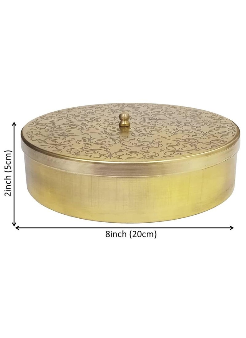 Purpledip Golden Brass Masala Box For Storing Spices & Herbs: 7 Bowls Masaladan Vintage For Kitchen, 900 Grams Heavy (12668)