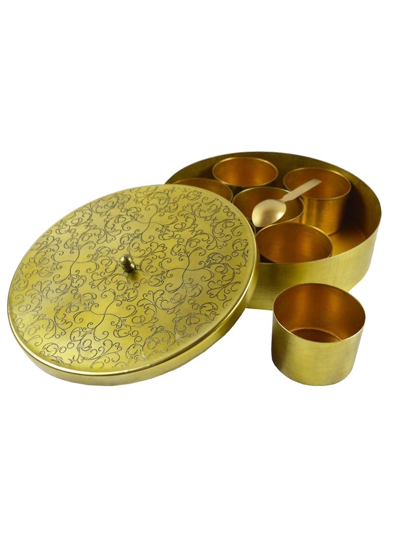 Purpledip Golden Brass Masala Box For Storing Spices & Herbs: 7 Bowls Masaladan Vintage For Kitchen, 900 Grams Heavy (12668)