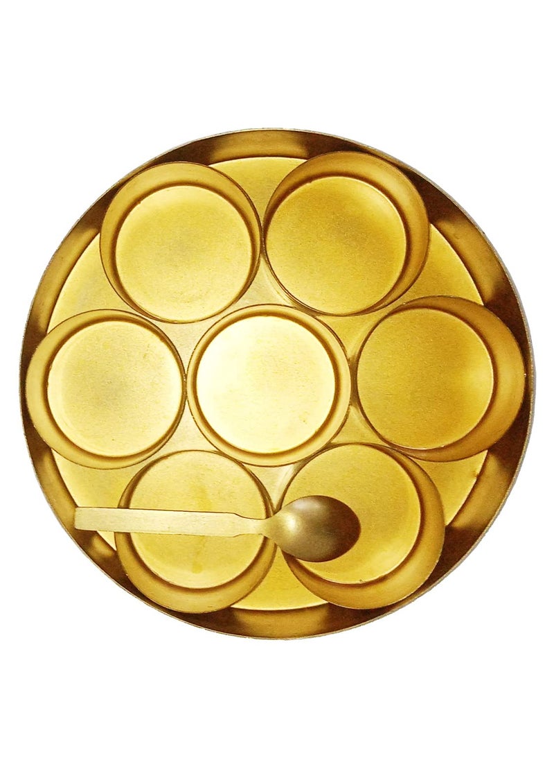 Purpledip Golden Brass Masala Box For Storing Spices & Herbs: 7 Bowls Masaladan Vintage For Kitchen, 900 Grams Heavy (12668)