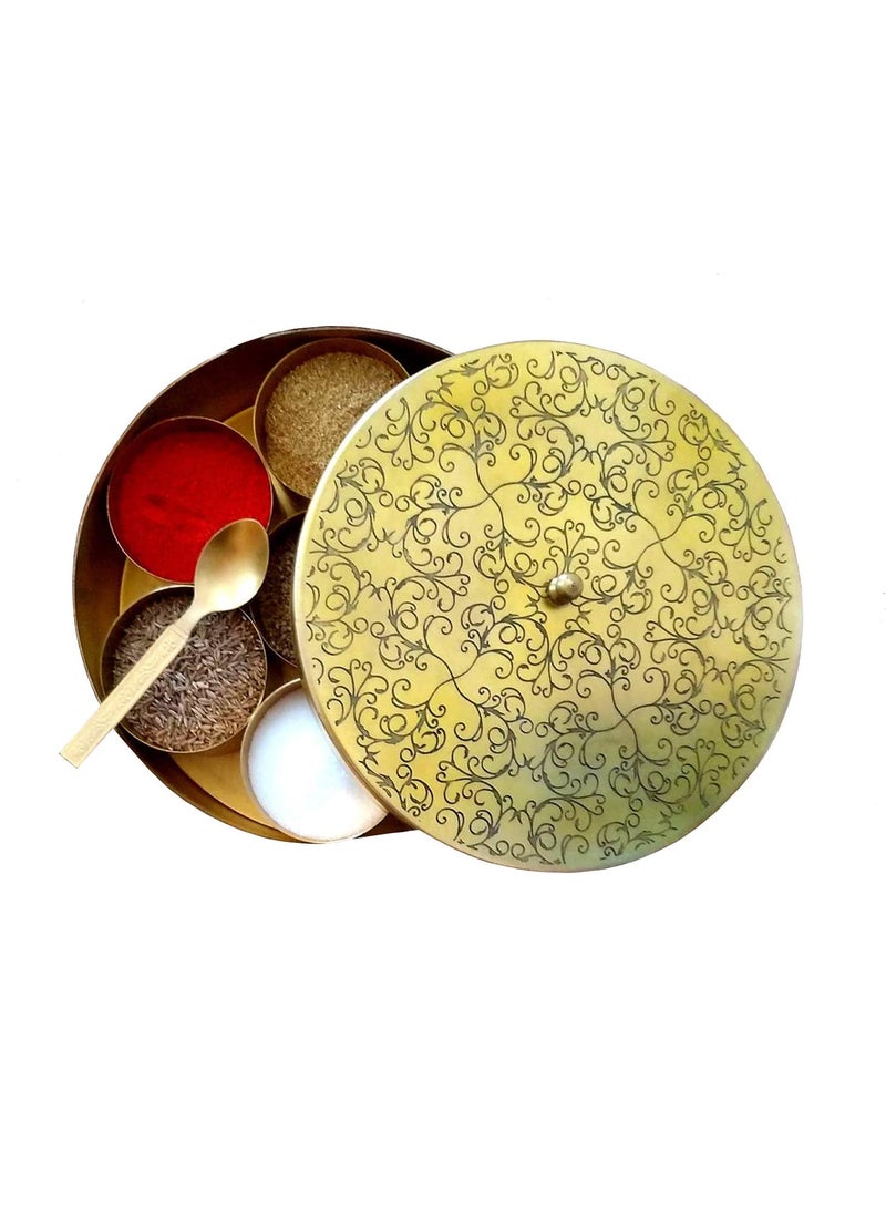 Purpledip Golden Brass Masala Box For Storing Spices & Herbs: 7 Bowls Masaladan Vintage For Kitchen, 900 Grams Heavy (12668)