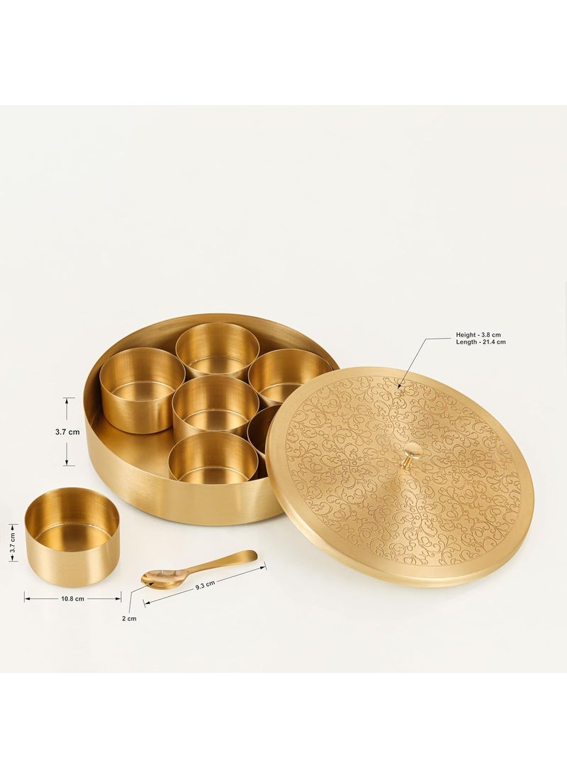 AKSHATA (08 Handcrafted Brass Spice Box Set for Kitchen with Spoon (7 Containers, 40 ML) - Brass Masala Box for Kitchen - Species Container