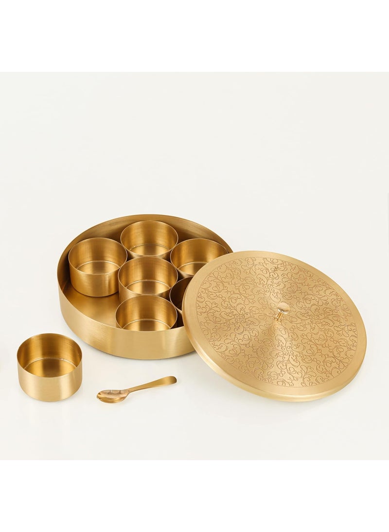 AKSHATA (08 Handcrafted Brass Spice Box Set for Kitchen with Spoon (7 Containers, 40 ML) - Brass Masala Box for Kitchen - Species Container