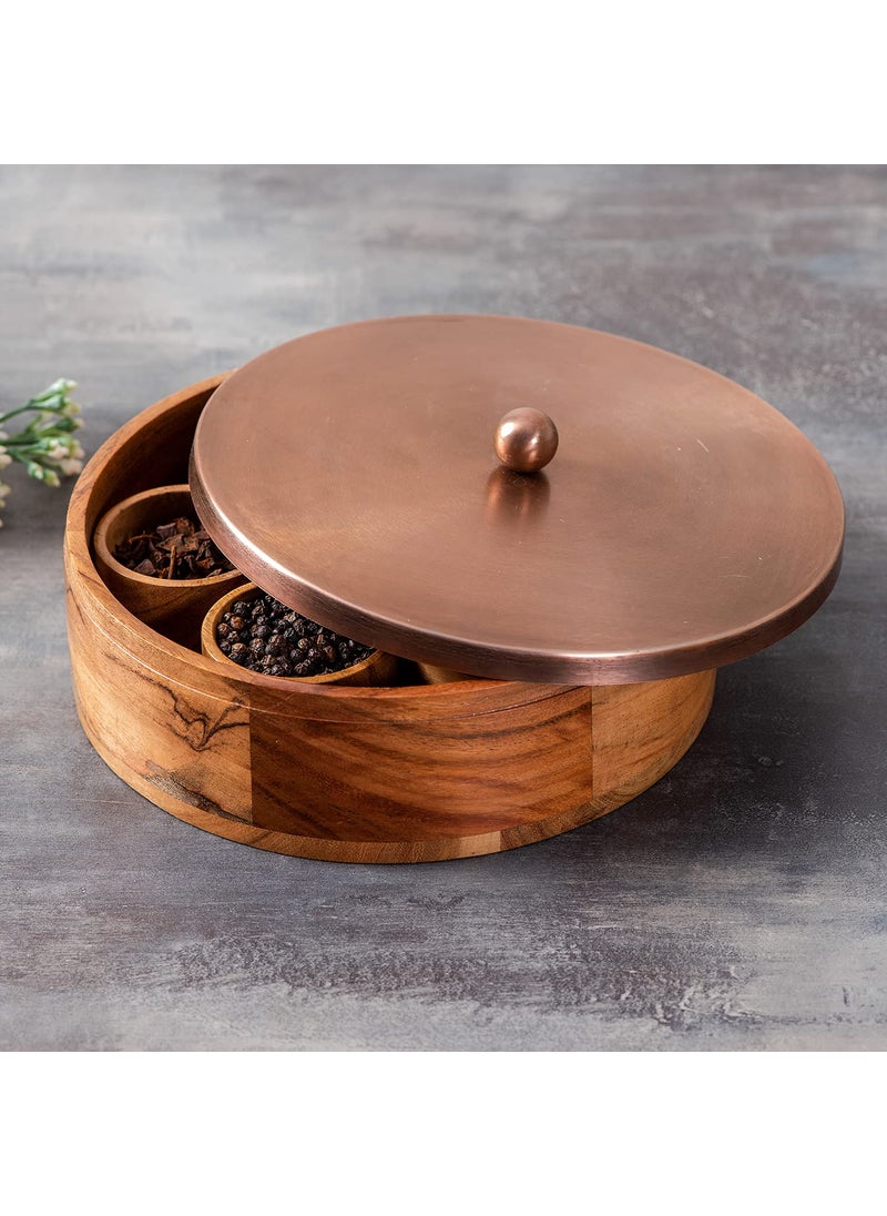 nestroots Wooden Masala Box for Kitchen|9'inches with small 7 Stainless Steel Jars|Spice Container for Kitchen| Anjarai Petti, masala Dani box Organisers in copper