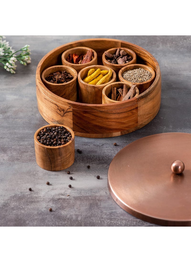 nestroots Wooden Masala Box for Kitchen|9'inches with small 7 Stainless Steel Jars|Spice Container for Kitchen| Anjarai Petti, masala Dani box Organisers in copper
