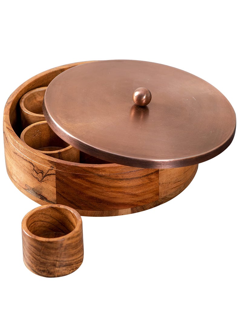 nestroots Wooden Masala Box for Kitchen|9'inches with small 7 Stainless Steel Jars|Spice Container for Kitchen| Anjarai Petti, masala Dani box Organisers in copper