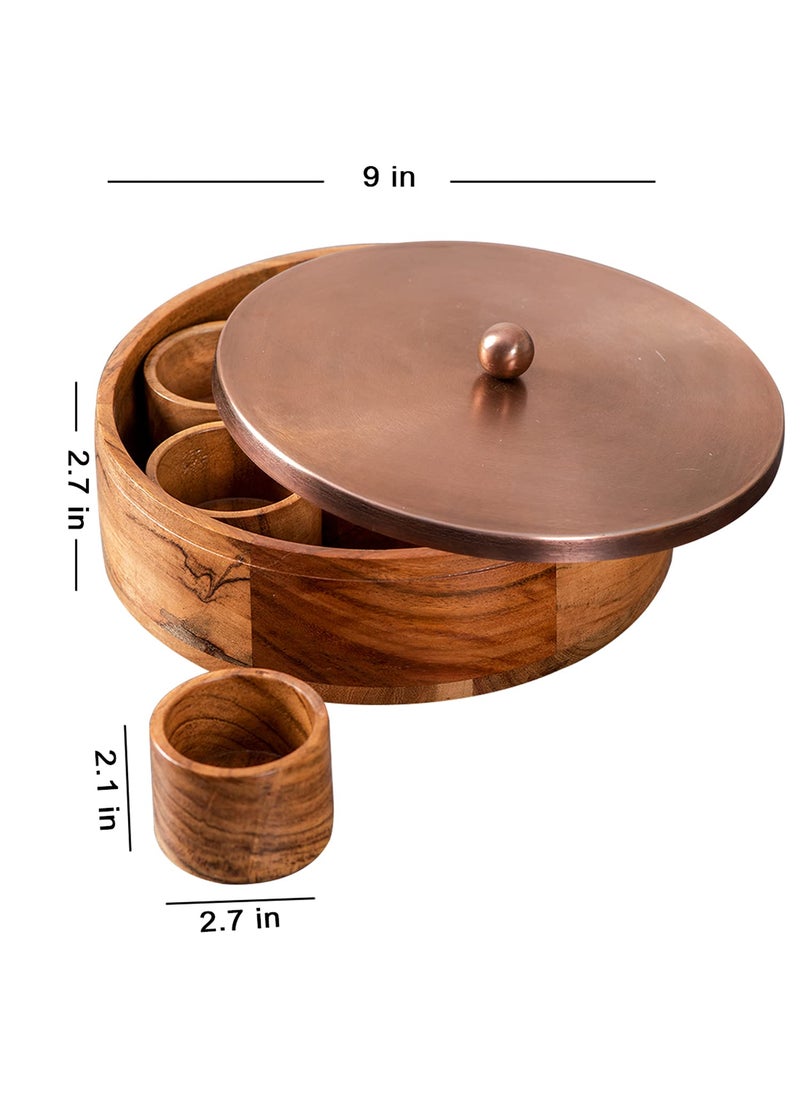 nestroots Wooden Masala Box for Kitchen|9'inches with small 7 Stainless Steel Jars|Spice Container for Kitchen| Anjarai Petti, masala Dani box Organisers in copper