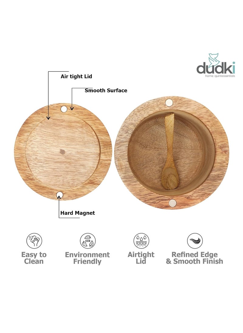 dudki Wooden Salt Box with Magnetic Lid & Wooden spoon| Round Salt Container| Bowl Pot Jar Salt Box | Mango Wood for Dinning Table| Kitchen Home| Seasonings 800 ml