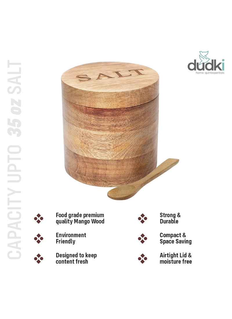 dudki Wooden Salt Box with Magnetic Lid & Wooden spoon| Round Salt Container| Bowl Pot Jar Salt Box | Mango Wood for Dinning Table| Kitchen Home| Seasonings 800 ml