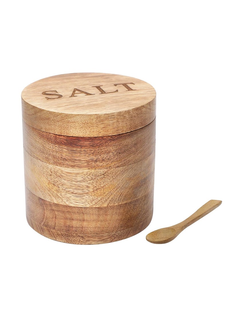 dudki Wooden Salt Box with Magnetic Lid & Wooden spoon| Round Salt Container| Bowl Pot Jar Salt Box | Mango Wood for Dinning Table| Kitchen Home| Seasonings 800 ml