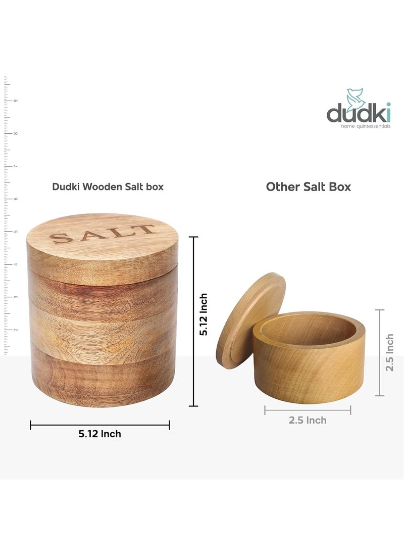 dudki Wooden Salt Box with Magnetic Lid & Wooden spoon| Round Salt Container| Bowl Pot Jar Salt Box | Mango Wood for Dinning Table| Kitchen Home| Seasonings 800 ml