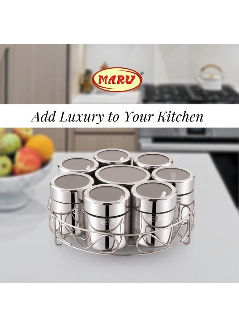 MARU Stainless steel 8-in-1 Storage container Set For Kitchen with See-Through Threaded Lids & Round Wire Stand, Durable Multipurpose kitchen Storage box, Ideal for Spices, Herbs, & Dry Fruits, Silver
