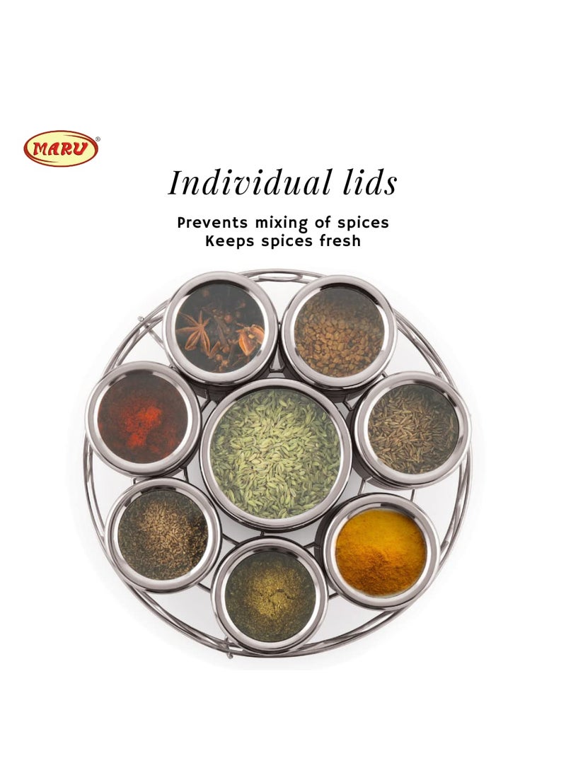 MARU Stainless steel 8-in-1 Storage container Set For Kitchen with See-Through Threaded Lids & Round Wire Stand, Durable Multipurpose kitchen Storage box, Ideal for Spices, Herbs, & Dry Fruits, Silver