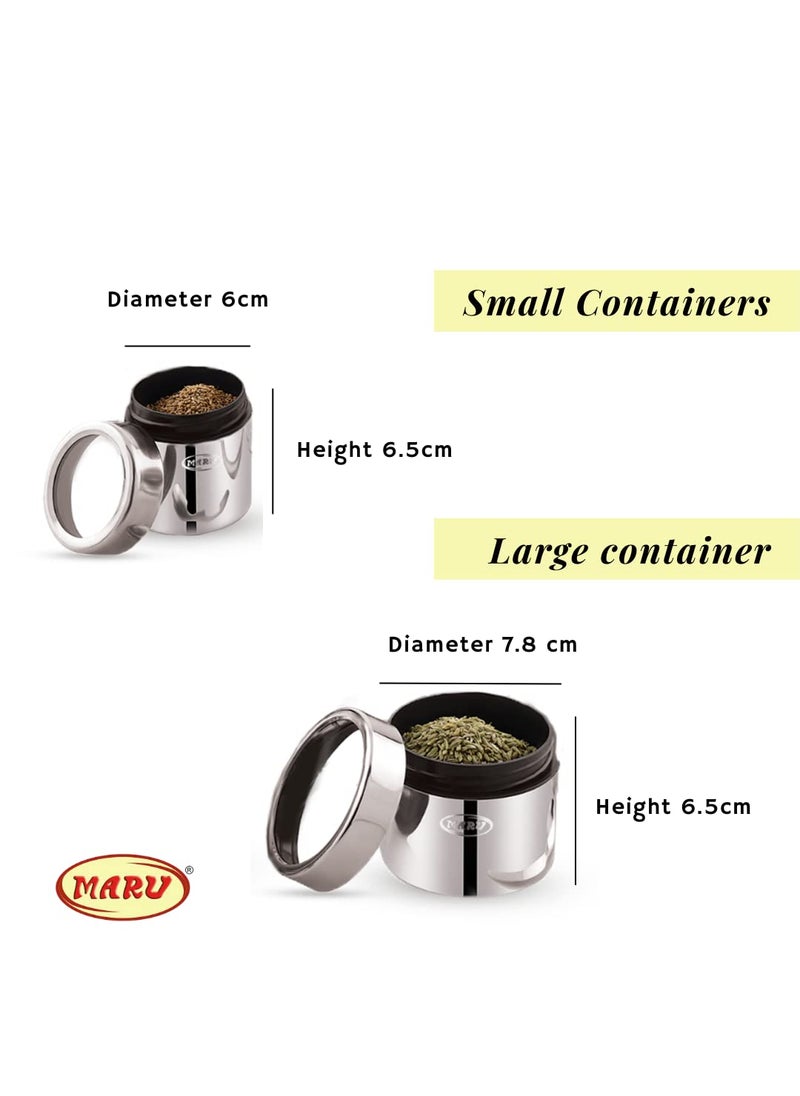 MARU Stainless steel 8-in-1 Storage container Set For Kitchen with See-Through Threaded Lids & Round Wire Stand, Durable Multipurpose kitchen Storage box, Ideal for Spices, Herbs, & Dry Fruits, Silver