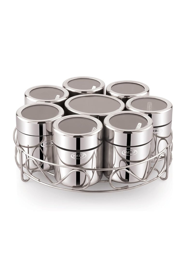 MARU Stainless steel 8-in-1 Storage container Set For Kitchen with See-Through Threaded Lids & Round Wire Stand, Durable Multipurpose kitchen Storage box, Ideal for Spices, Herbs, & Dry Fruits, Silver