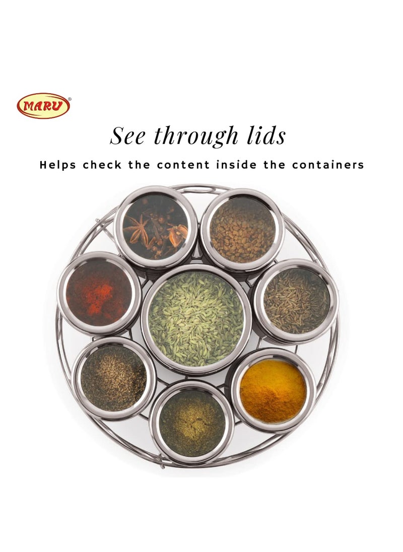 MARU Stainless steel 8-in-1 Storage container Set For Kitchen with See-Through Threaded Lids & Round Wire Stand, Durable Multipurpose kitchen Storage box, Ideal for Spices, Herbs, & Dry Fruits, Silver