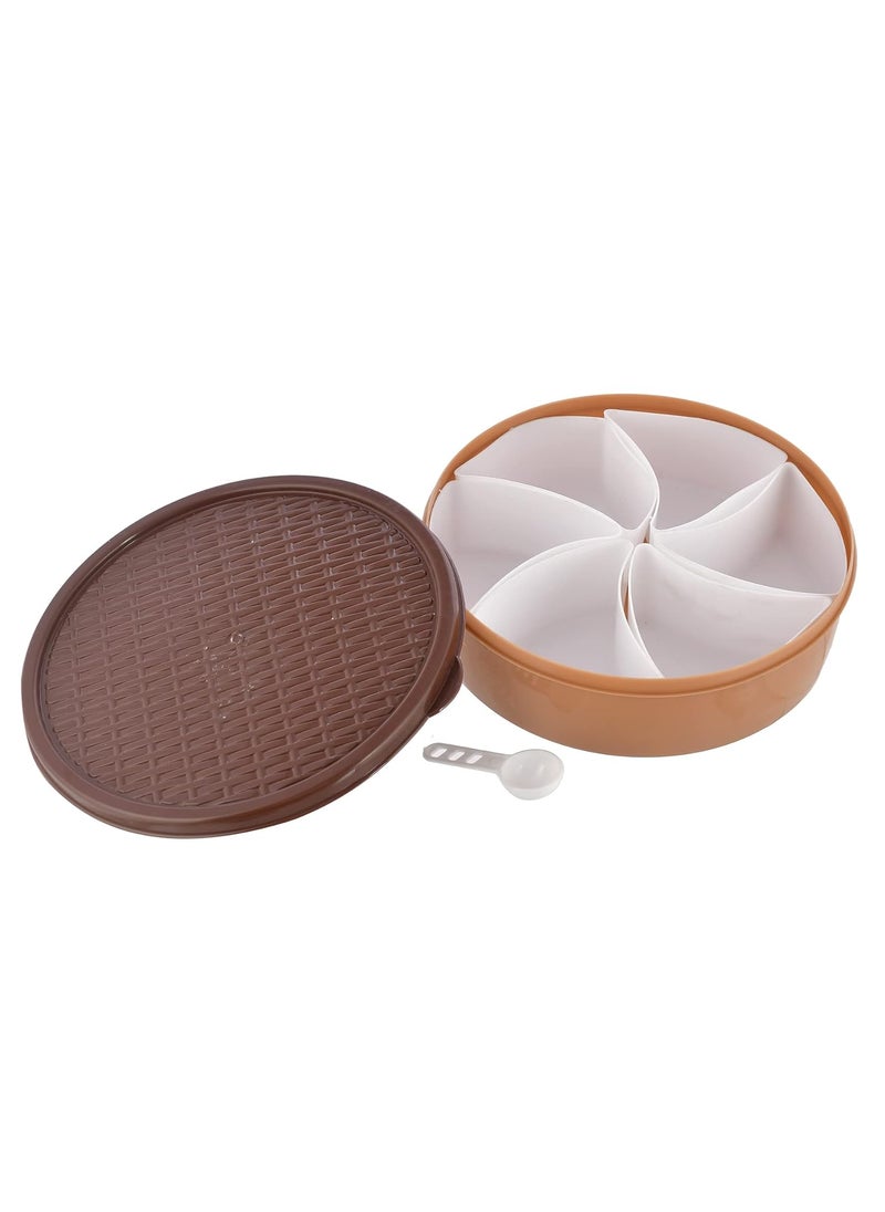 Heart Home Large Food Grade, Microwave Safe Plastic Masala Box, Spice Container with 6 Containers & 1 Spoon- Pack of 2 (Light Brown)-HS43HEARTH25902