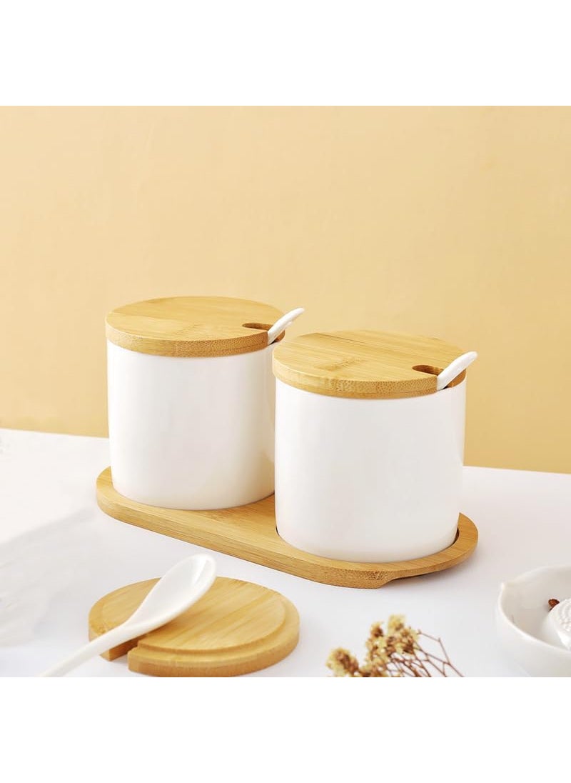 Kuber Industries Kitchen Storage Box | Spoon and Wooden Tray Spice Container | Round Condiment Jar for Home | Air-Tight Bamboo Lid Kitchen Set | Set of 2 | BK02WT | 250 ML | White