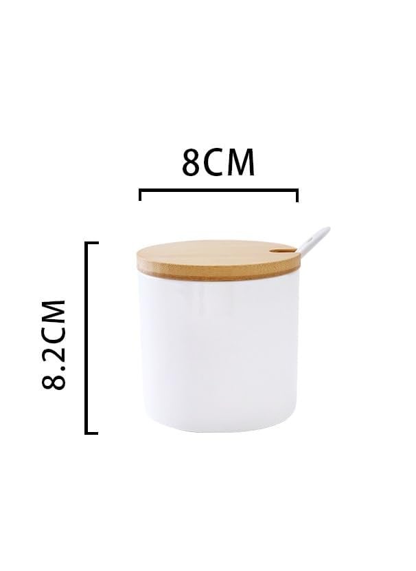 Kuber Industries Kitchen Storage Box | Spoon and Wooden Tray Spice Container | Round Condiment Jar for Home | Air-Tight Bamboo Lid Kitchen Set | Set of 2 | BK02WT | 250 ML | White