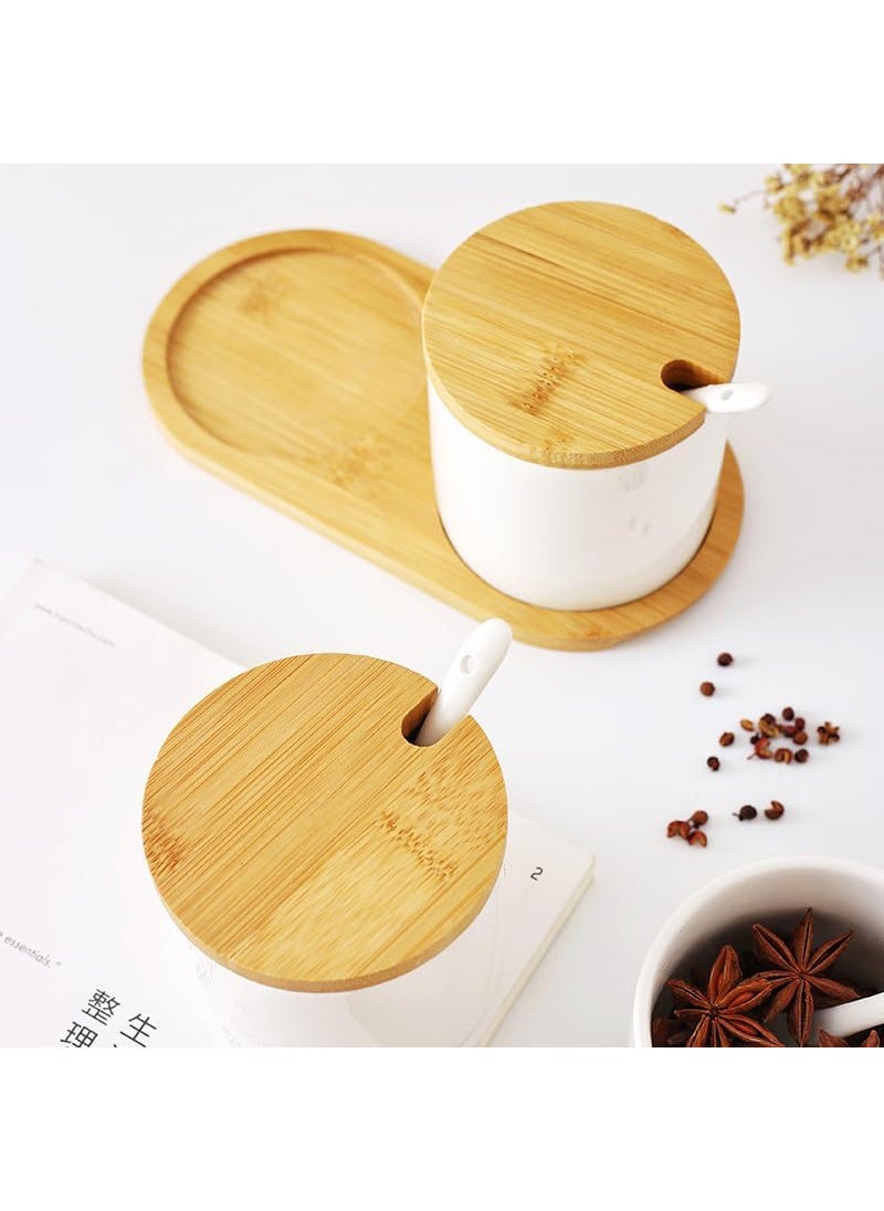 Kuber Industries Kitchen Storage Box | Spoon and Wooden Tray Spice Container | Round Condiment Jar for Home | Air-Tight Bamboo Lid Kitchen Set | Set of 2 | BK02WT | 250 ML | White