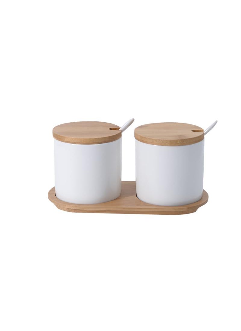 Kuber Industries Kitchen Storage Box | Spoon and Wooden Tray Spice Container | Round Condiment Jar for Home | Air-Tight Bamboo Lid Kitchen Set | Set of 2 | BK02WT | 250 ML | White