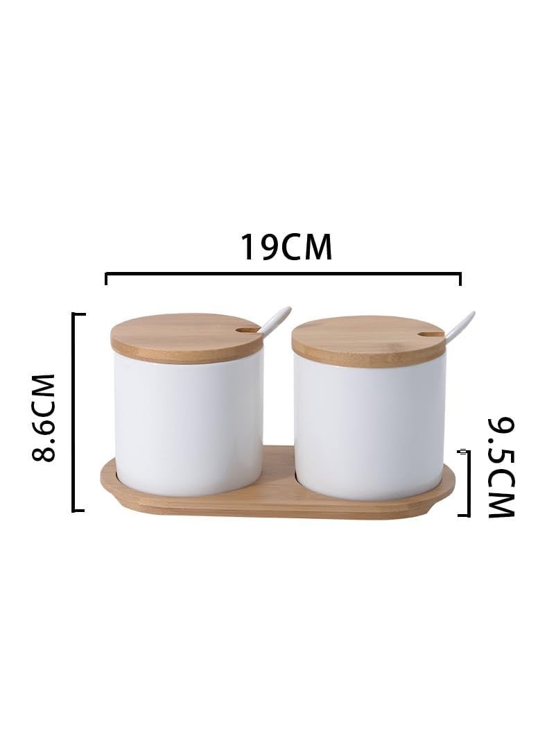 Kuber Industries Kitchen Storage Box | Spoon and Wooden Tray Spice Container | Round Condiment Jar for Home | Air-Tight Bamboo Lid Kitchen Set | Set of 2 | BK02WT | 250 ML | White