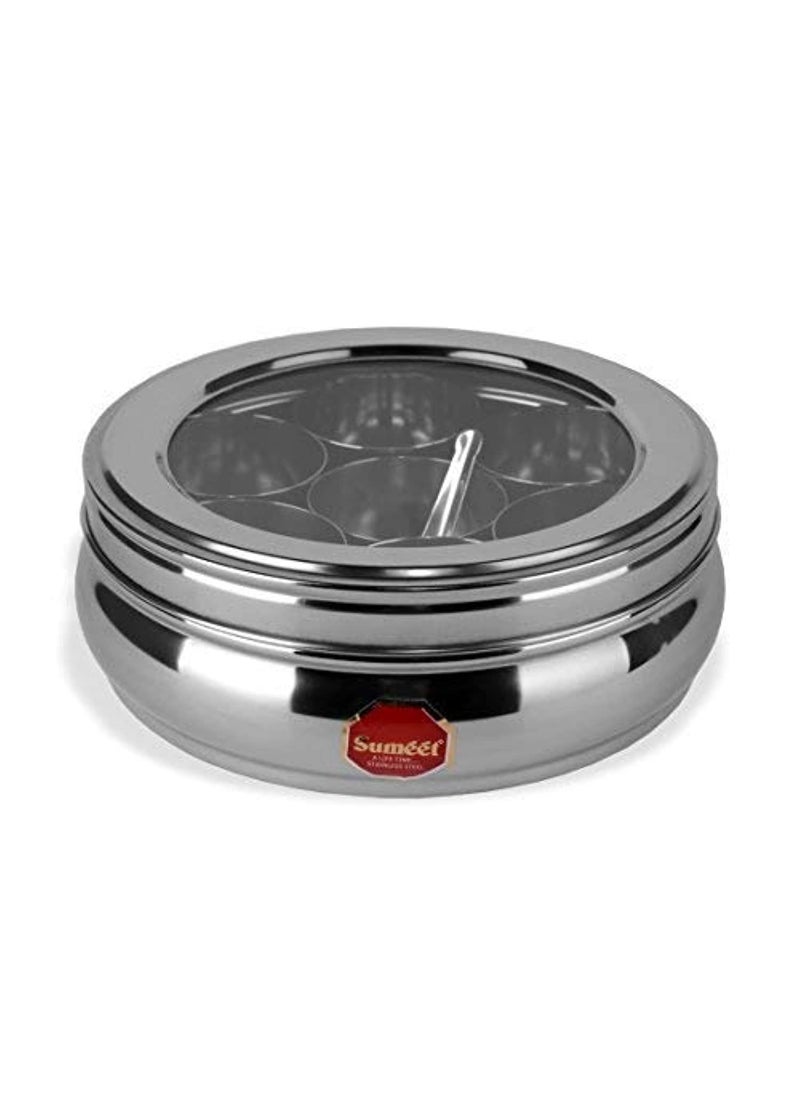 Sumeet Stainless Steel Belly Shape Masala (Spice) Box/Dabba/Organiser With See Through Lid With 7 Containers And Small Spoon (Small), Beige