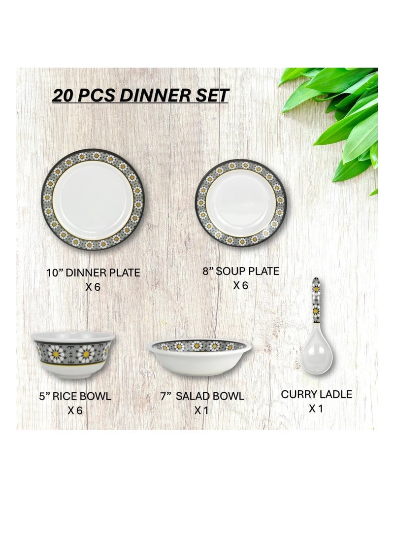 Melrich 20 Pcs Melamine Dinner Set Dinner and Soup plates Curry ladle Salad bowl and Bowl Dishwasher and Freezer safe Durable and Strong