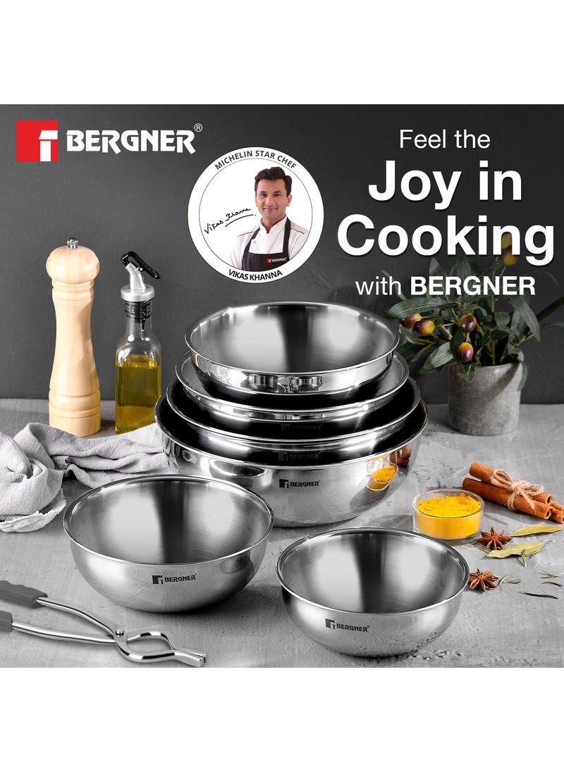 Bergner Argent Triply Stainless Steel Set of 6 Pcs Tasra/Taslas, Size of 16cm, 18cm, 20cm, 22cm, 24cm and 26cm, Even Heat Distribution, Less Oil Cooking, Induction Bottom and Gas Stove Ready - Silver