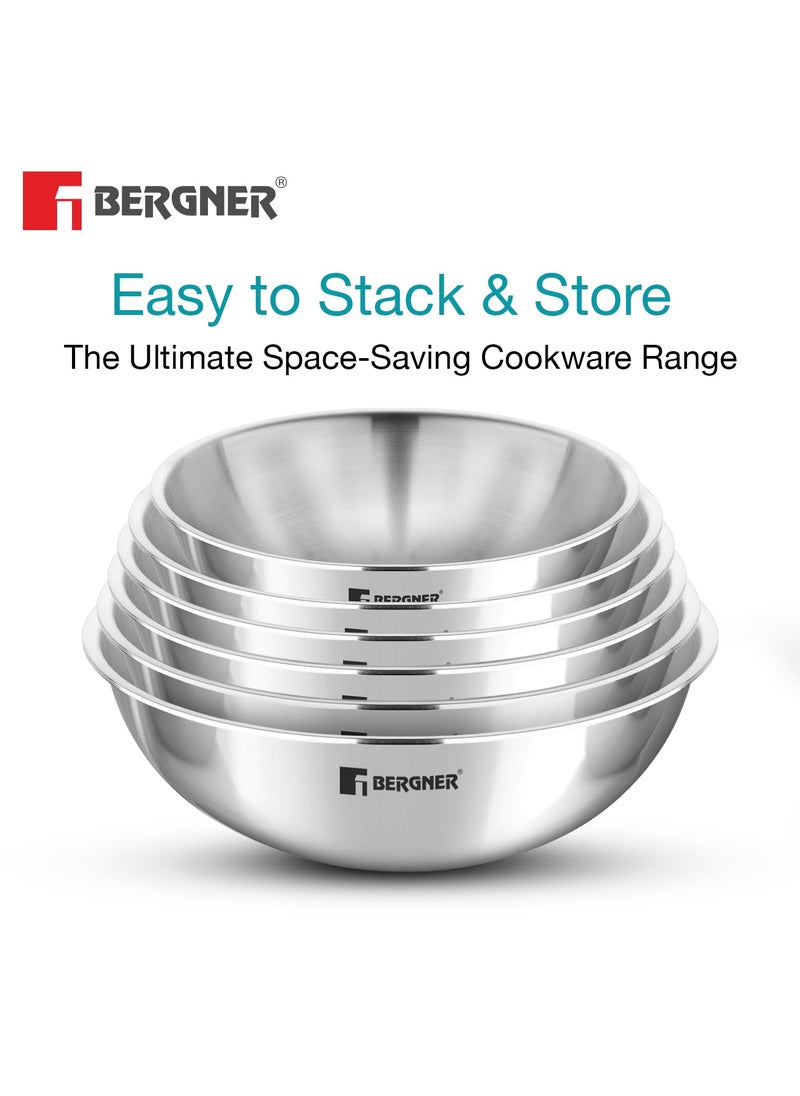 Bergner Argent Triply Stainless Steel Set of 6 Pcs Tasra/Taslas, Size of 16cm, 18cm, 20cm, 22cm, 24cm and 26cm, Even Heat Distribution, Less Oil Cooking, Induction Bottom and Gas Stove Ready - Silver