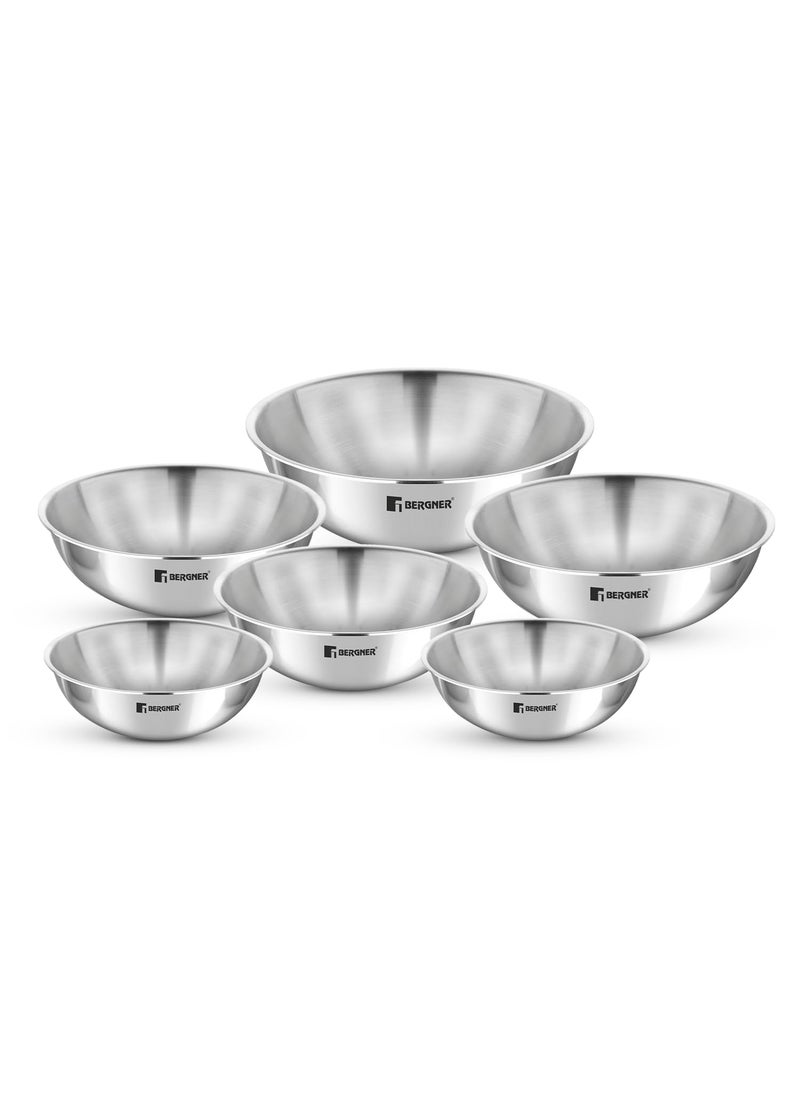 Bergner Argent Triply Stainless Steel Set of 6 Pcs Tasra/Taslas, Size of 16cm, 18cm, 20cm, 22cm, 24cm and 26cm, Even Heat Distribution, Less Oil Cooking, Induction Bottom and Gas Stove Ready - Silver