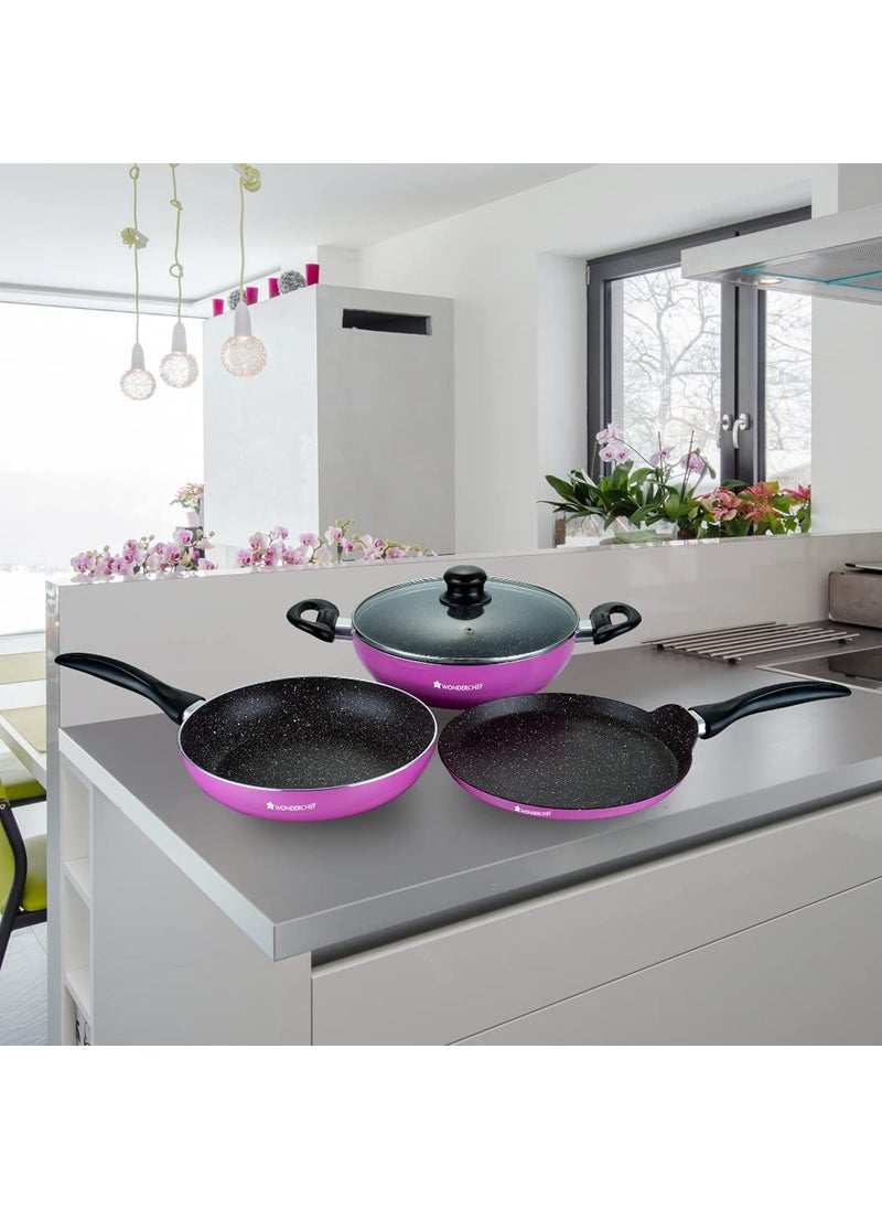 Wonderchef Athena Aluminium Non-Stick Cookware Set of 4 | Kadhai with Glass Lid 24cm, Fry Pan 24cm & Dosa Tawa 25cm | Induction Friendly Cookware | Cool Touch Bakelite Handle | Pure Grade Aluminium | PFOA Free | 2 Year Warranty | Pink