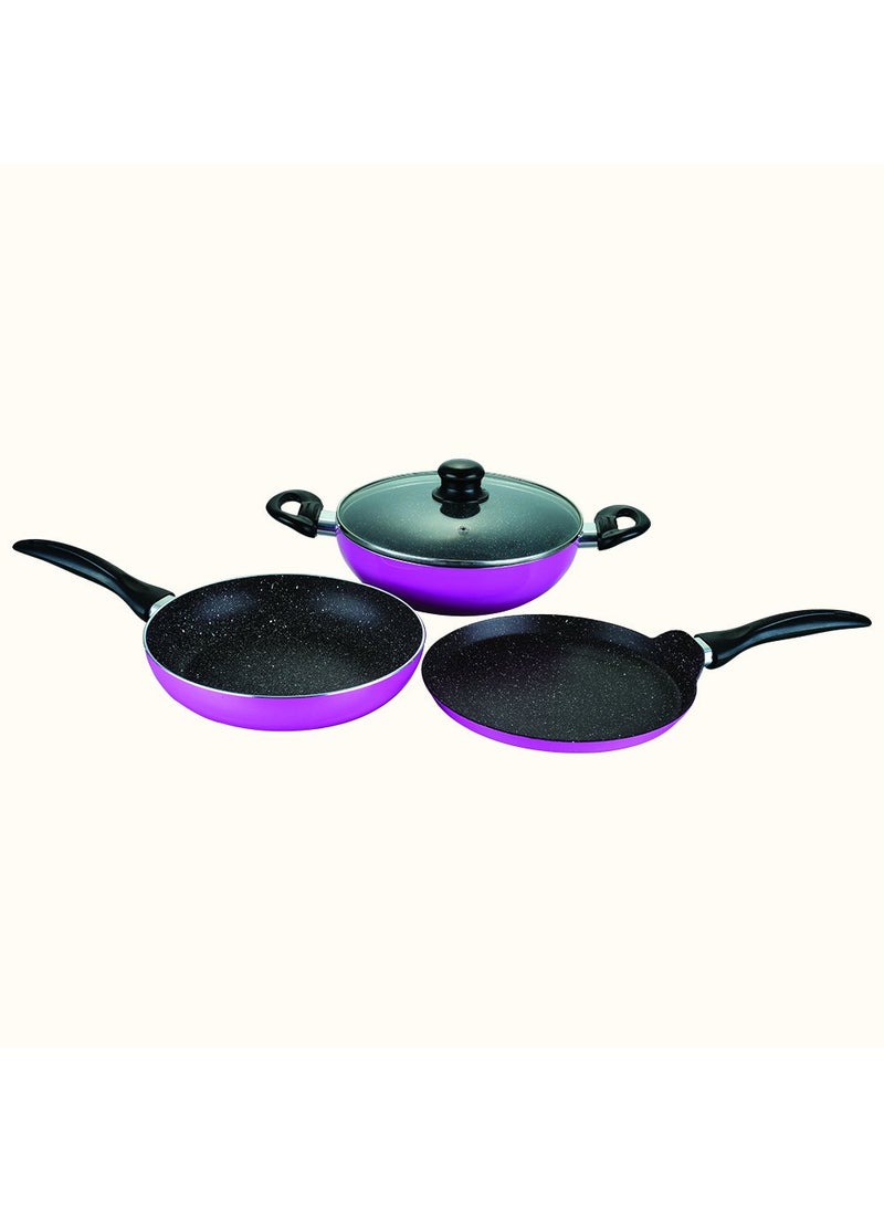 Wonderchef Athena Aluminium Non-Stick Cookware Set of 4 | Kadhai with Glass Lid 24cm, Fry Pan 24cm & Dosa Tawa 25cm | Induction Friendly Cookware | Cool Touch Bakelite Handle | Pure Grade Aluminium | PFOA Free | 2 Year Warranty | Pink