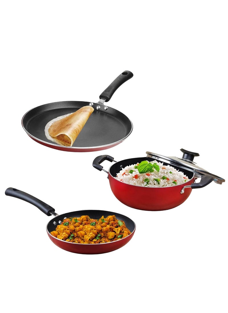 Vinod Zest Aluminium Non Stick Cookware Combo Set of 3 | 22 cm Kadai, 22 cm Frypan and 28 cm Dosa Tawa | 3 Layer Coating | Scratch Proof | Induction Base | 1 Year Warranty