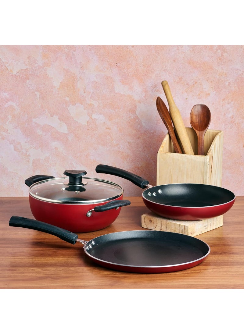 Vinod Zest Aluminium Non Stick Cookware Combo Set of 3 | 22 cm Kadai, 22 cm Frypan and 28 cm Dosa Tawa | 3 Layer Coating | Scratch Proof | Induction Base | 1 Year Warranty