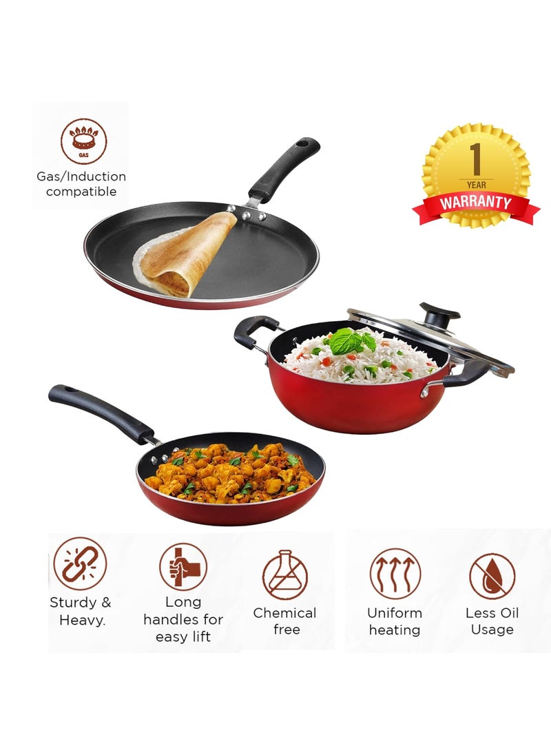 Vinod Zest Aluminium Non Stick Cookware Combo Set of 3 | 22 cm Kadai, 22 cm Frypan and 28 cm Dosa Tawa | 3 Layer Coating | Scratch Proof | Induction Base | 1 Year Warranty