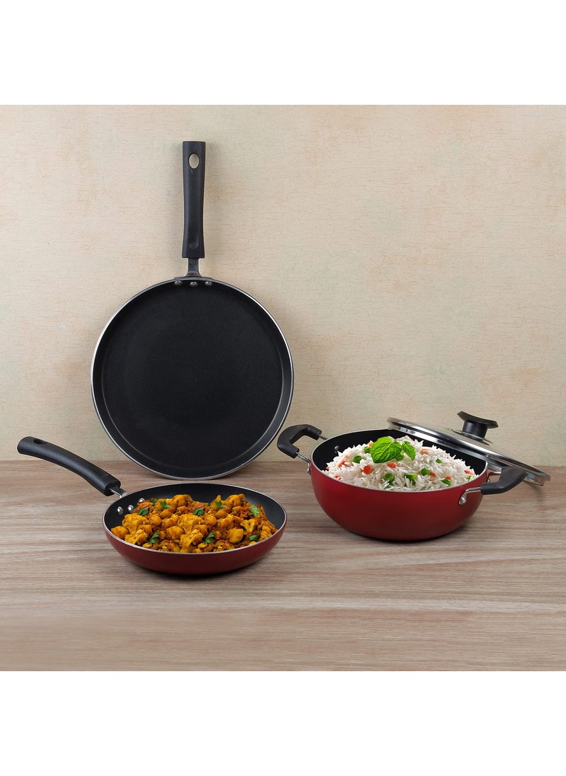 Vinod Zest Aluminium Non Stick Cookware Combo Set of 3 | 22 cm Kadai, 22 cm Frypan and 28 cm Dosa Tawa | 3 Layer Coating | Scratch Proof | Induction Base | 1 Year Warranty