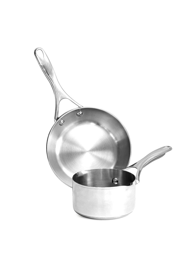 Meyer Select Nickel Free Stainless Steel 2 Piece Cookware Set | Steel Cookware for Kitchen | Cookware Stainless Steel Combo with Induction Bottom - 14cm Milkpan + 20cm Frypan, Silver