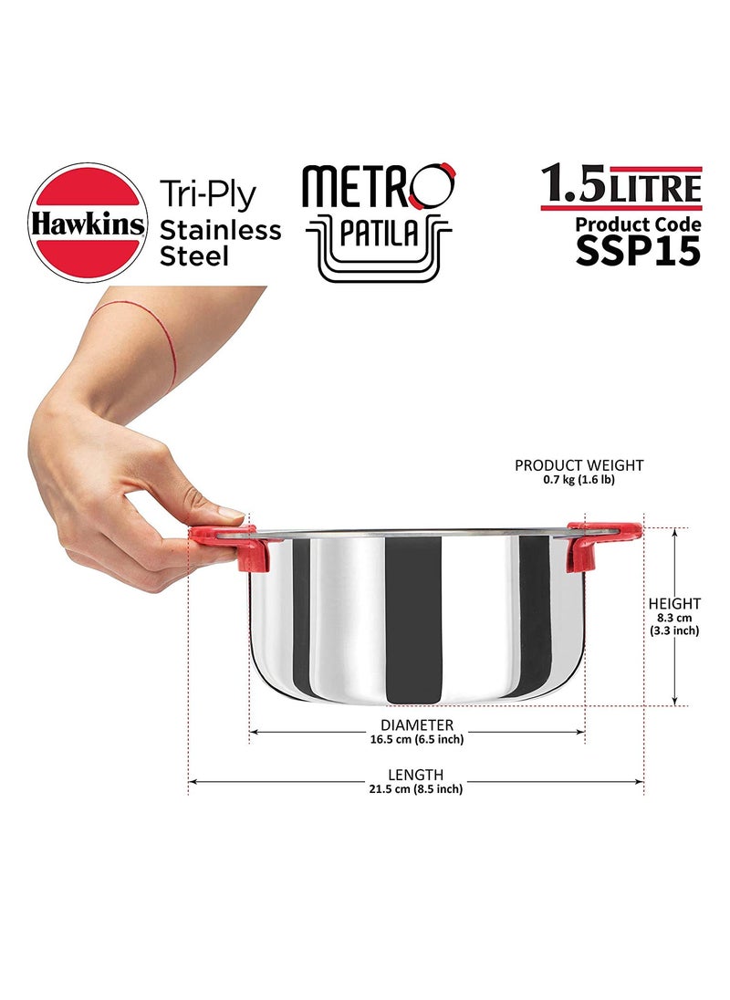 Hawkins Tri-Ply Stainless Steel Kadhai (Deep-Fry Pan) and Patila/Cook-n-Serve Combo (3, 2.5 L Kadai + 1.5 L and 2 L Patila)