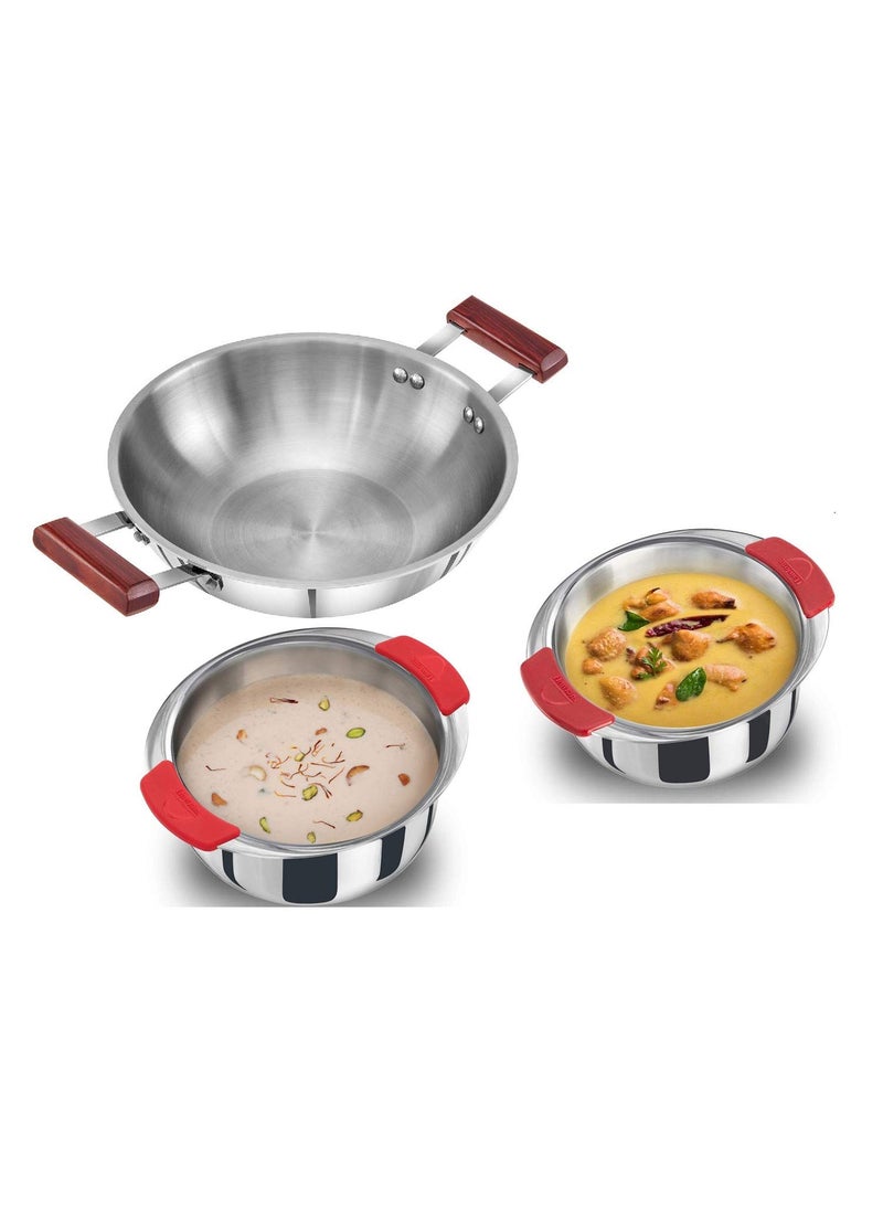 Hawkins Tri-Ply Stainless Steel Kadhai (Deep-Fry Pan) and Patila/Cook-n-Serve Combo (3, 2.5 L Kadai + 1.5 L and 2 L Patila)