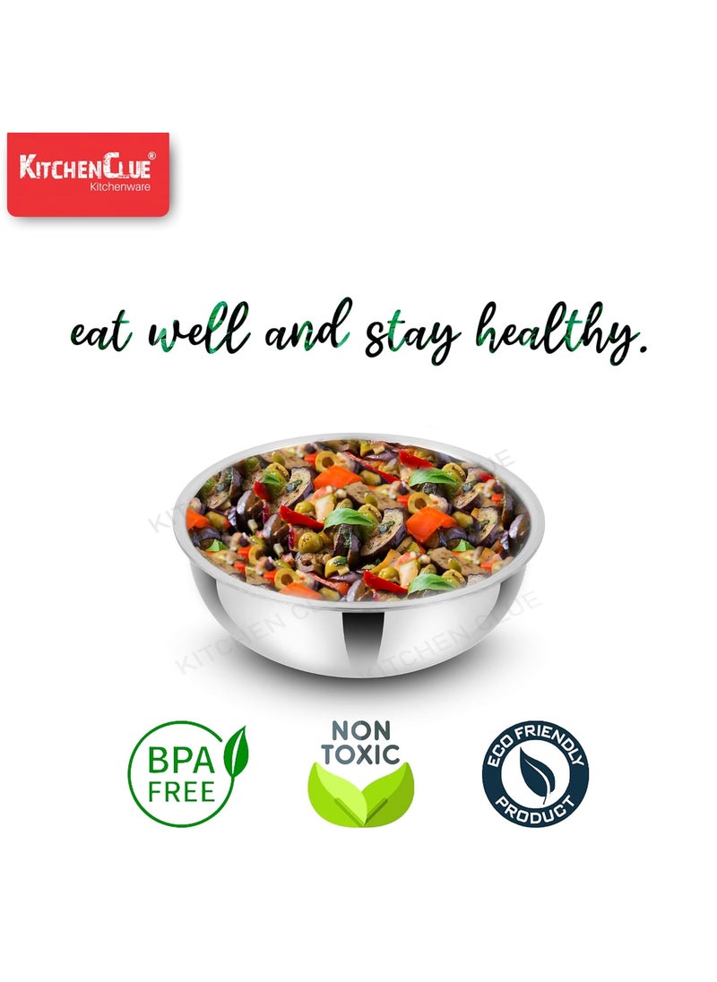 KITCHEN CLUE Stainless Steel 3 PLY Tasla for Cooking, Doughing in Kitchen (20 Cm - 1700 ML) - Induction Compatible - Steel Kadhai/Tasla Cookware Set - Highly Durable & Unbreakable - 5 Year Warranty