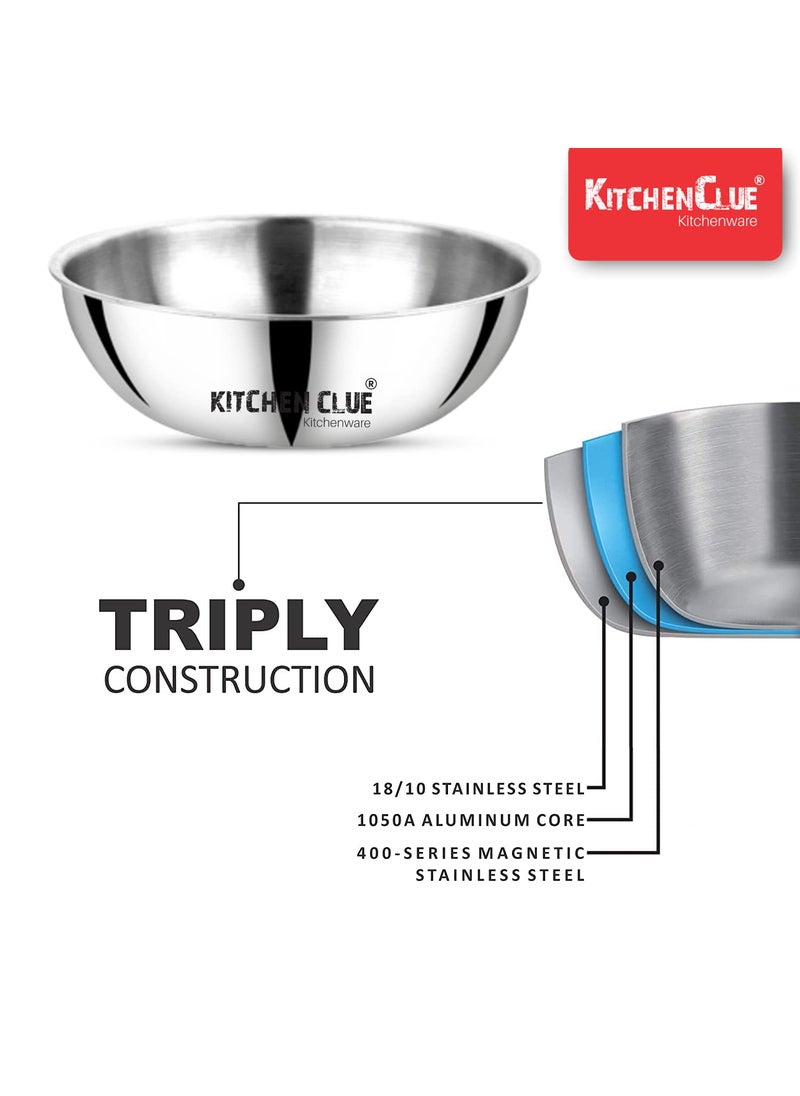 KITCHEN CLUE Stainless Steel 3 PLY Tasla for Cooking, Doughing in Kitchen (20 Cm - 1700 ML) - Induction Compatible - Steel Kadhai/Tasla Cookware Set - Highly Durable & Unbreakable - 5 Year Warranty