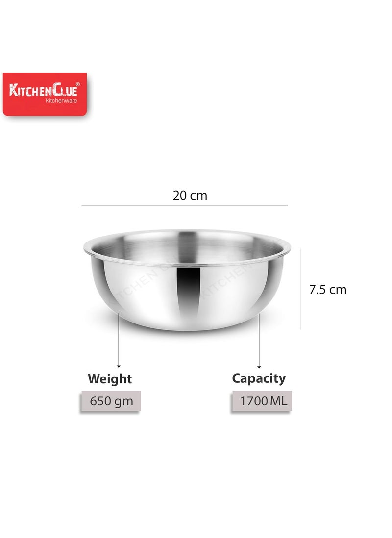 KITCHEN CLUE Stainless Steel 3 PLY Tasla for Cooking, Doughing in Kitchen (20 Cm - 1700 ML) - Induction Compatible - Steel Kadhai/Tasla Cookware Set - Highly Durable & Unbreakable - 5 Year Warranty